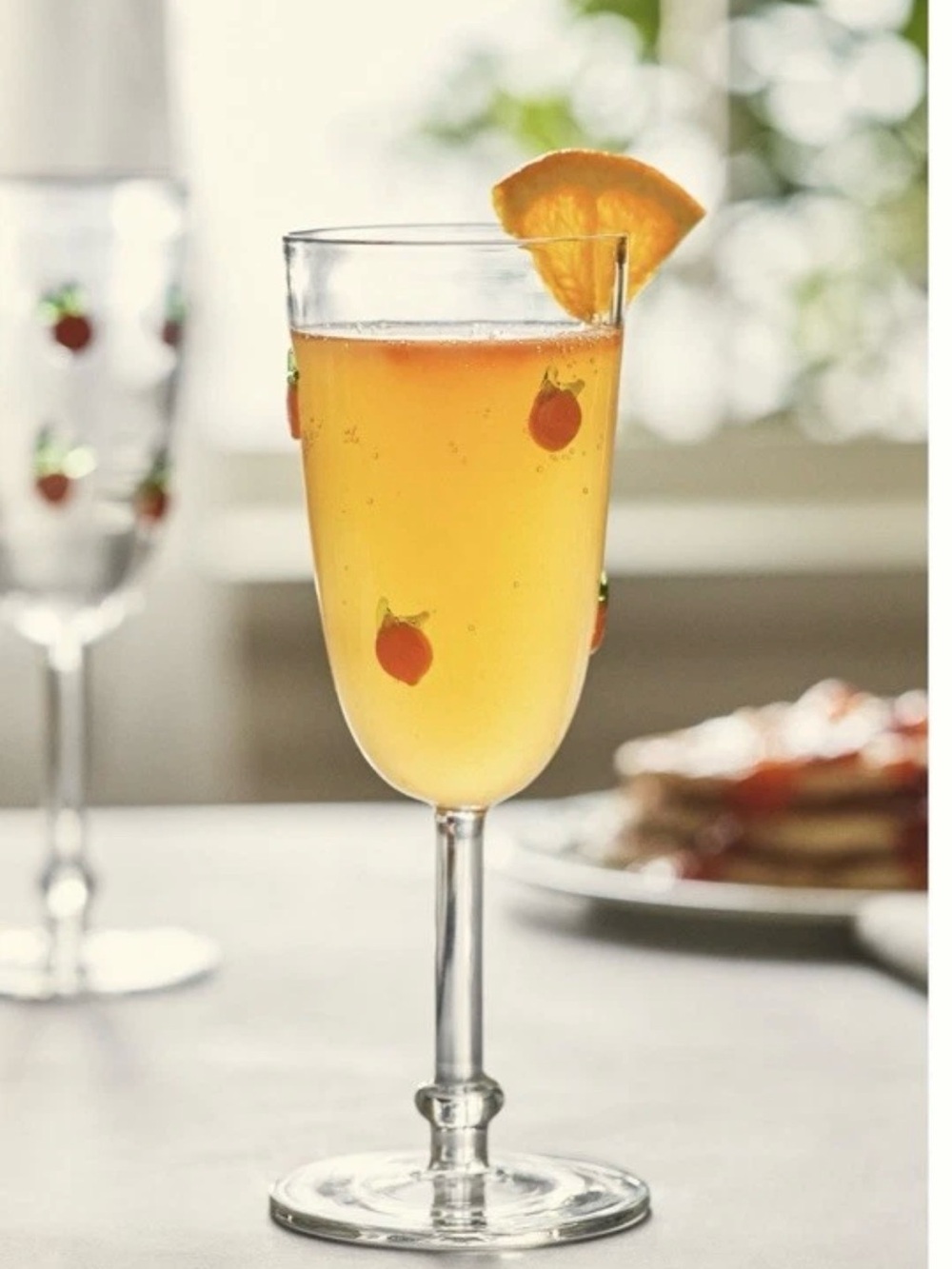 Anthropologie Icon Clear Flute glasses with Orange 🍊 Motif